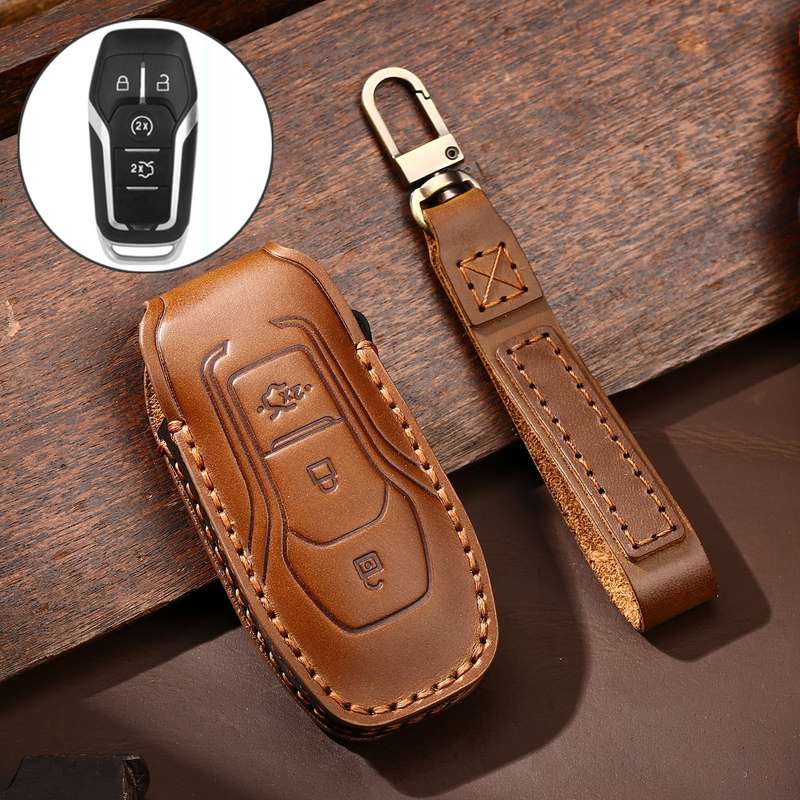 Hallmo Car Cowhide Leather Key Protective Cover Key Case for Ford Focus A Style(Black)