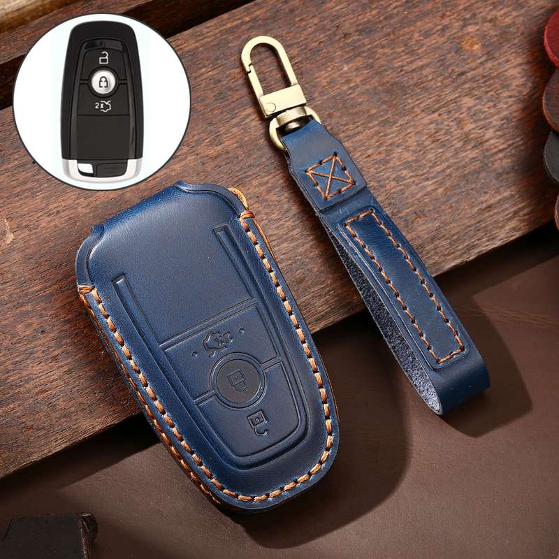 Hallmo Car Cowhide Leather Key Protective Cover Key Case for Ford Focus B Style(Black)