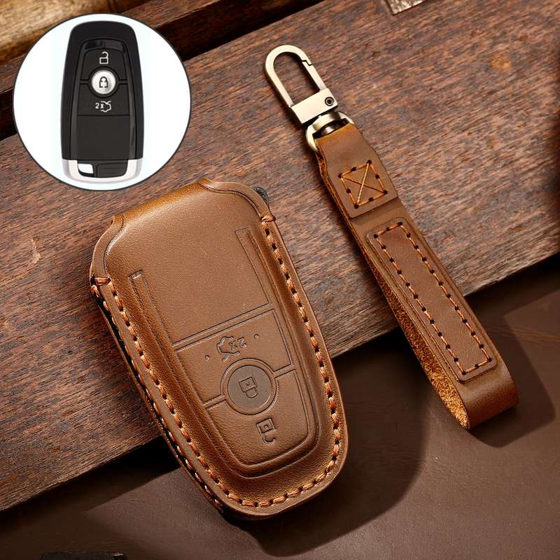 Hallmo Car Cowhide Leather Key Protective Cover Key Case for Ford Focus B Style(Black)