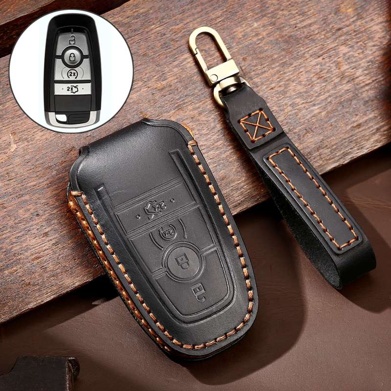 Hallmo Car Cowhide Leather Key Protective Cover Key Case for Ford Focus C Style(Black)