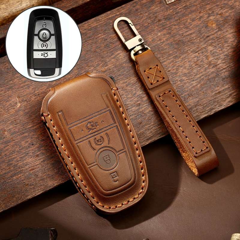 Hallmo Car Cowhide Leather Key Protective Cover Key Case for Ford Focus C Style(Black)