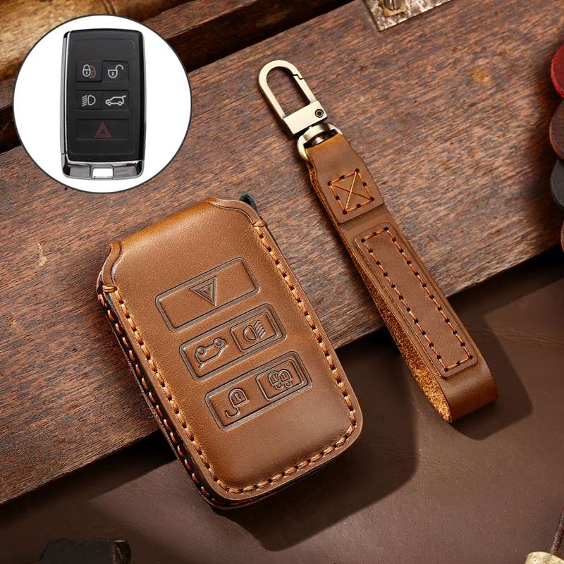 Hallmo Car Cowhide Leather Key Protective Cover Key Case for Land Rover Discovery 5 B Style(Black)