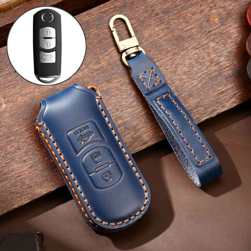 Hallmo Car Cowhide Leather Key Protective Cover Key Case for Mazda Axela 3-button(Black)