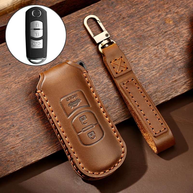 Hallmo Car Cowhide Leather Key Protective Cover Key Case for Mazda Axela 3-button(Black)