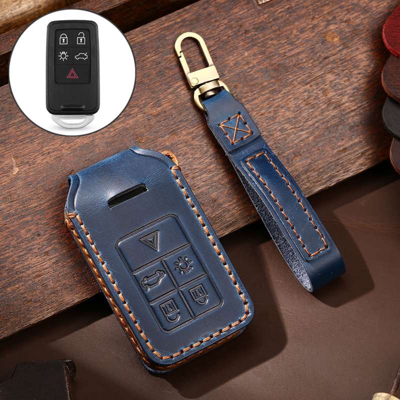 Hallmo Car Cowhide Leather Key Protective Cover Key Case for Volvo 5-button(Black)