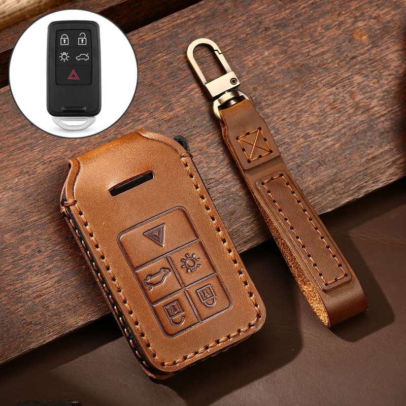 Hallmo Car Cowhide Leather Key Protective Cover Key Case for Volvo 5-button(Black)