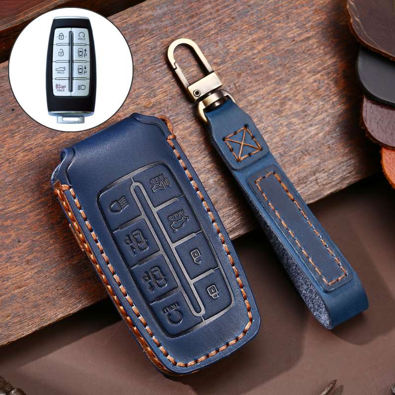 Hallmo Car Cowhide Leather Key Protective Cover Key Case for Hyundai Rohens Genesis 8-button(Black)