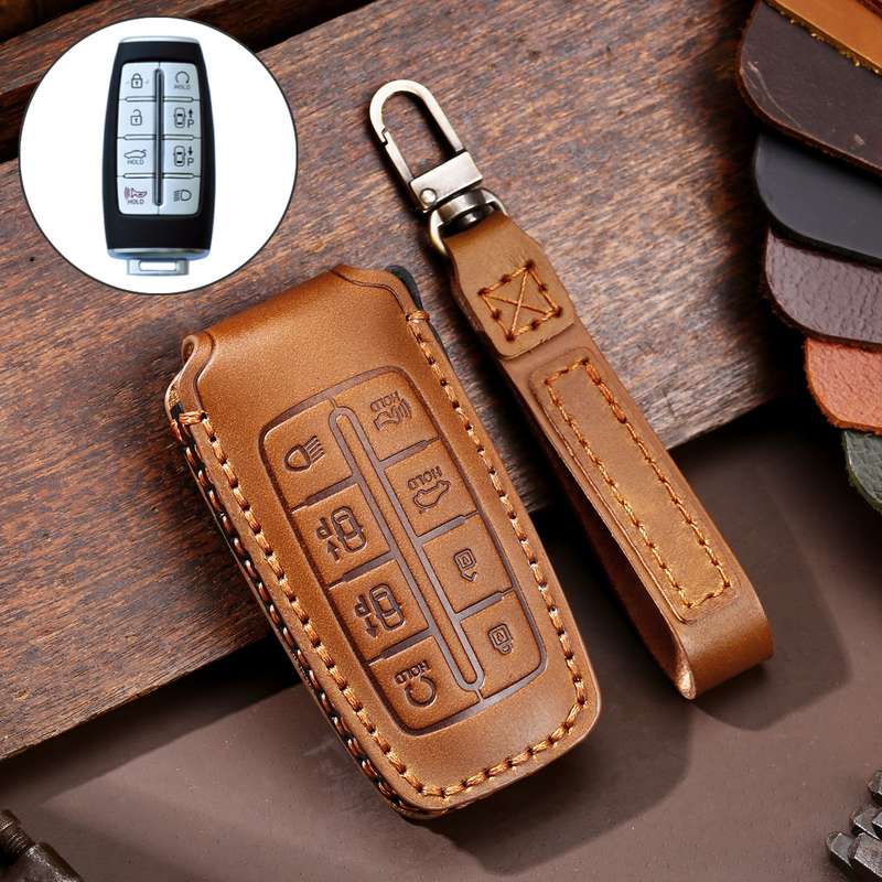 Hallmo Car Cowhide Leather Key Protective Cover Key Case for Hyundai Rohens Genesis 8-button(Black)