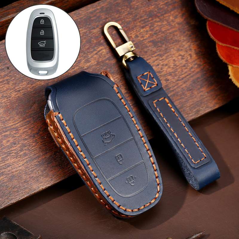 Hallmo Car Cowhide Leather Key Protective Cover Key Case for Hyundai 3-button(Black)