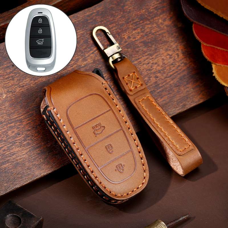 Hallmo Car Cowhide Leather Key Protective Cover Key Case for Hyundai 3-button(Black)