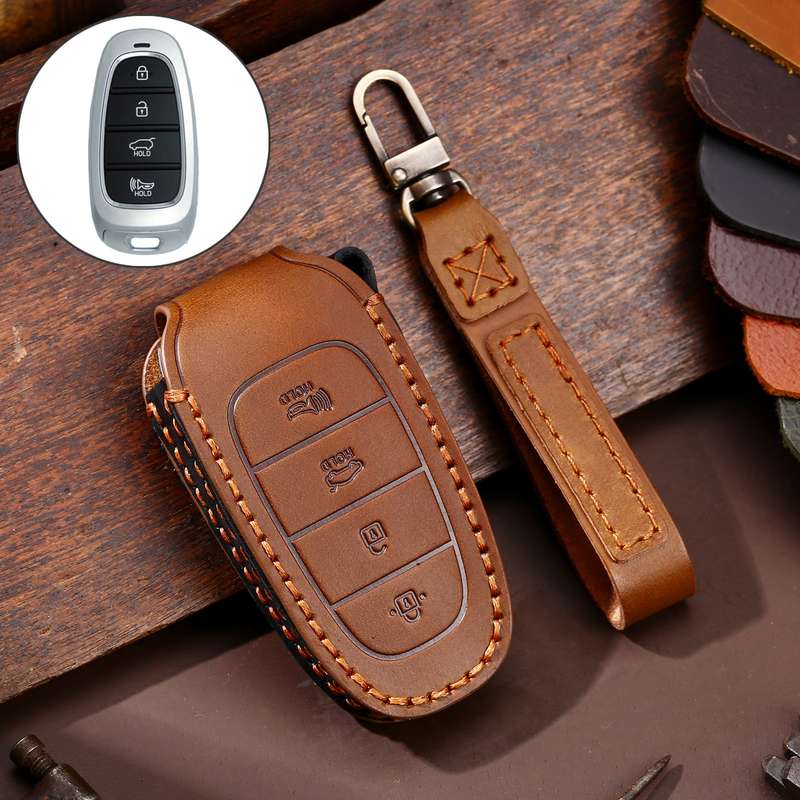 Hallmo Car Cowhide Leather Key Protective Cover Key Case for Hyundai 4-button(Black)