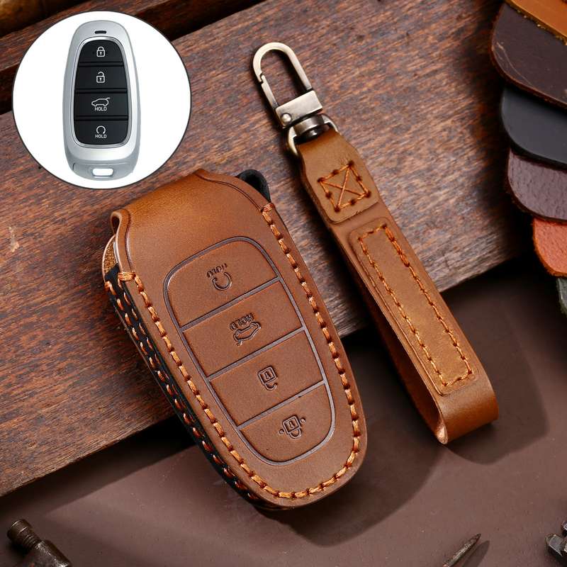Hallmo Car Cowhide Leather Key Protective Cover Key Case for Hyundai 4-button Start(Black)