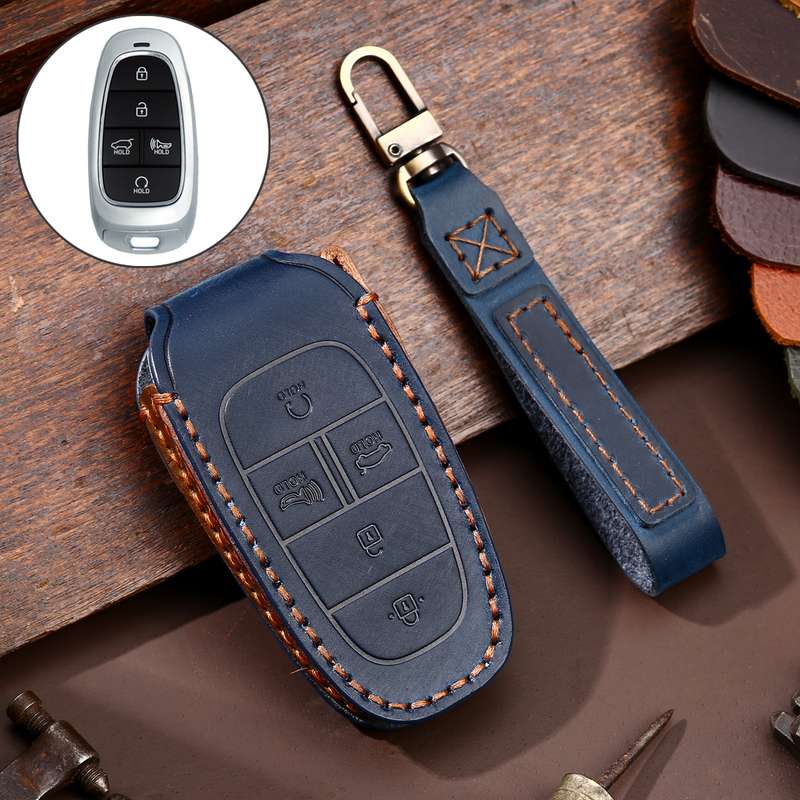 Hallmo Car Cowhide Leather Key Protective Cover Key Case for Hyundai 5-button(Black)