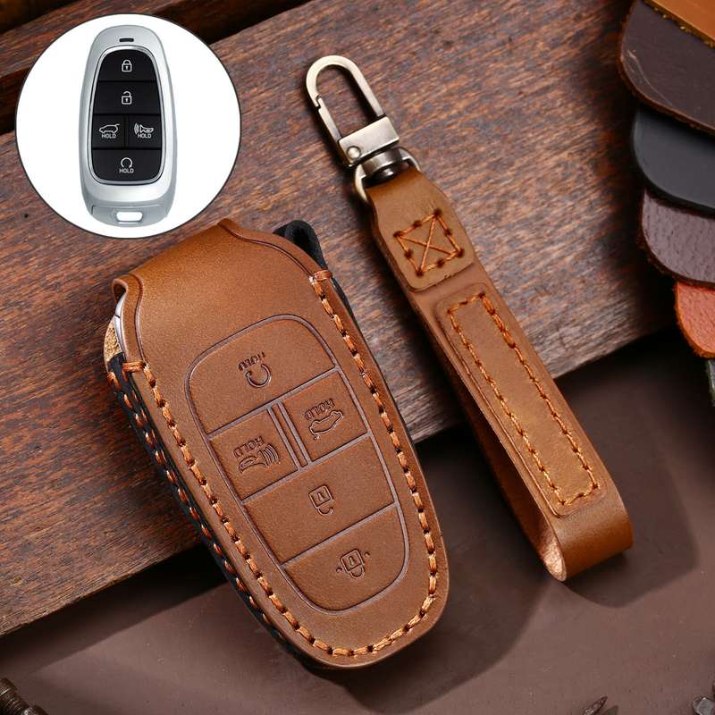 Hallmo Car Cowhide Leather Key Protective Cover Key Case for Hyundai 5-button(Black)