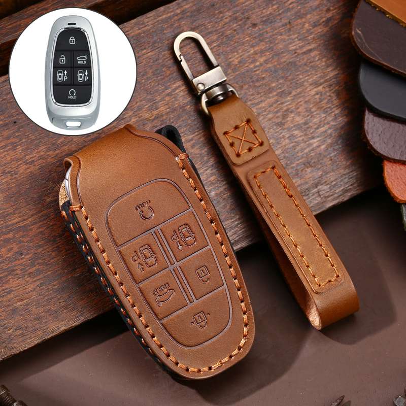 Hallmo Car Cowhide Leather Key Protective Cover Key Case for Hyundai 6-button(Black)