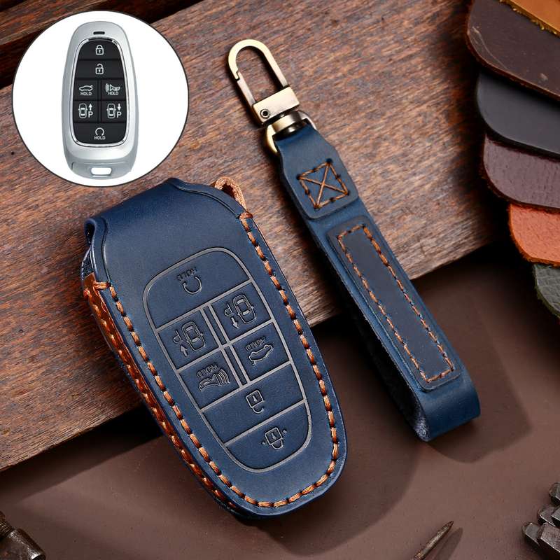 Hallmo Car Cowhide Leather Key Protective Cover Key Case for Hyundai 7-button(Black)