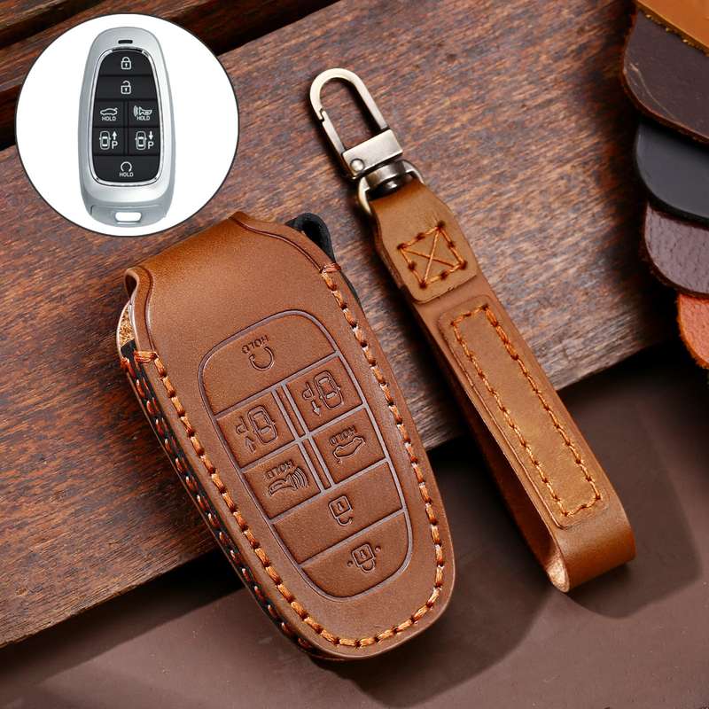 Hallmo Car Cowhide Leather Key Protective Cover Key Case for Hyundai 7-button(Black)