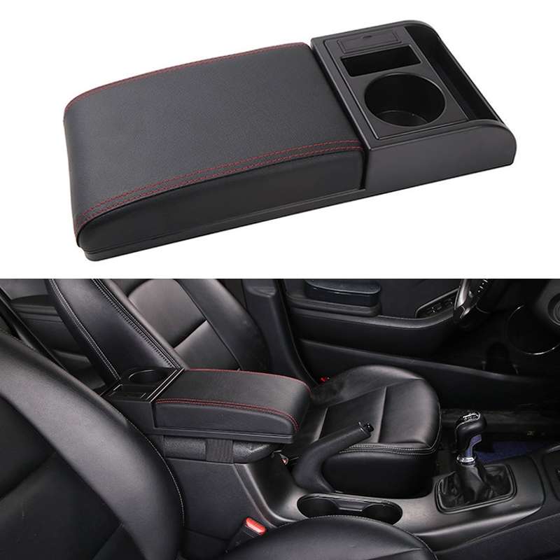 Car Multi-functional Dual USB Armrest Box Booster Pad, Microfiber Leather Straight Type (Black)
