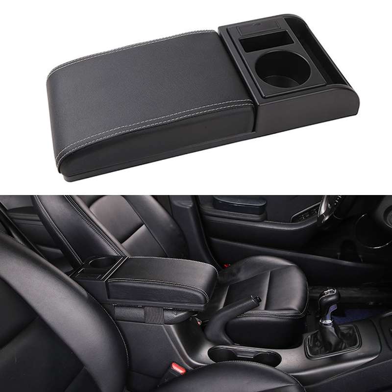 Car Multi-functional Dual USB Armrest Box Booster Pad, Microfiber Leather Straight Type (Black)