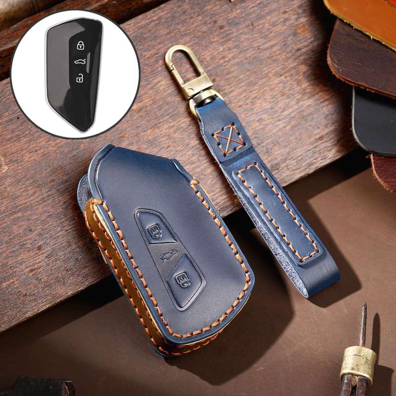Hallmo Car Cowhide Leather Key Protective Cover for Volkswagen Golf 8(Black)