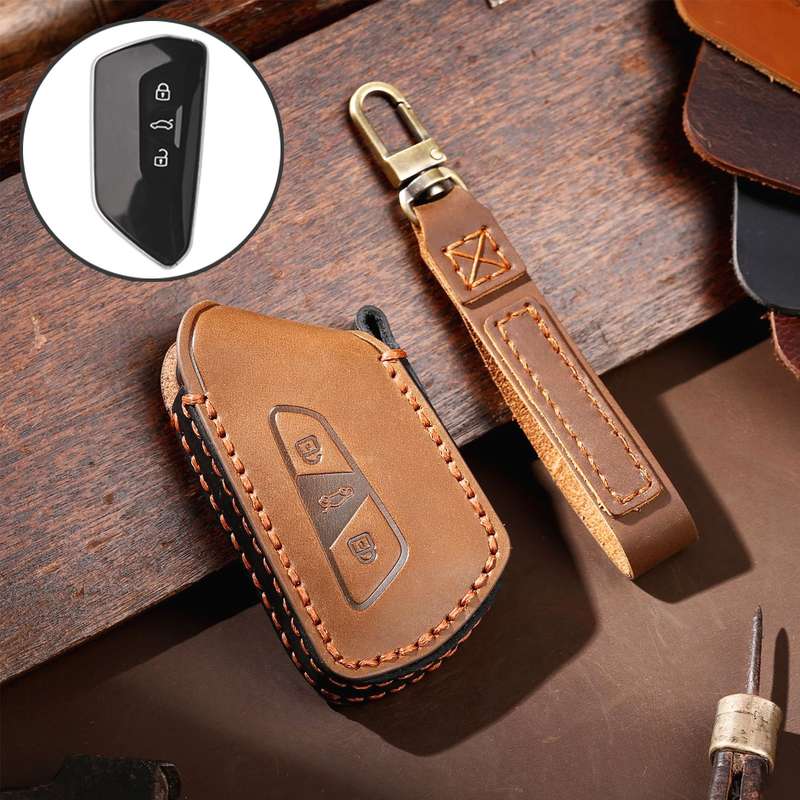 Hallmo Car Cowhide Leather Key Protective Cover for Volkswagen Golf 8(Black)