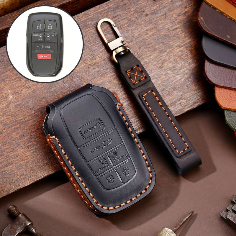 Hallmo Car Genuine Leather Key Protective Cover for Toyota Sienna 6-button(Black)