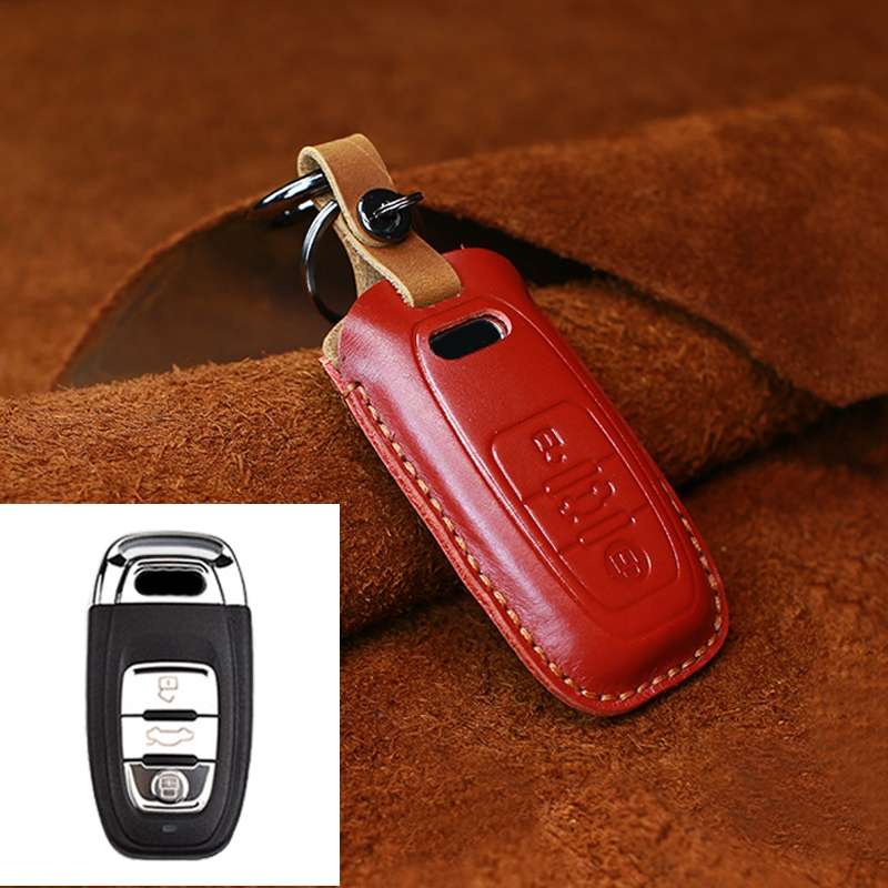 For Audi Series Car Cowhide Leather Key Protective Cover Key Case, B Version 2011-2018 (Blue)