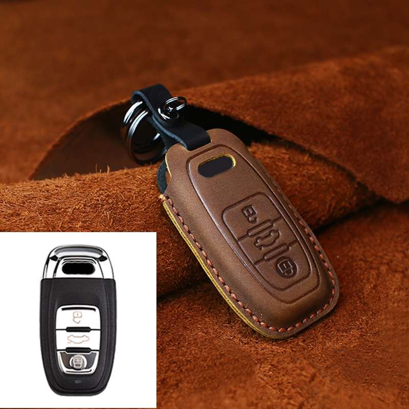 For Audi Series Car Cowhide Leather Key Protective Cover Key Case, B Version 2011-2018 (Blue)
