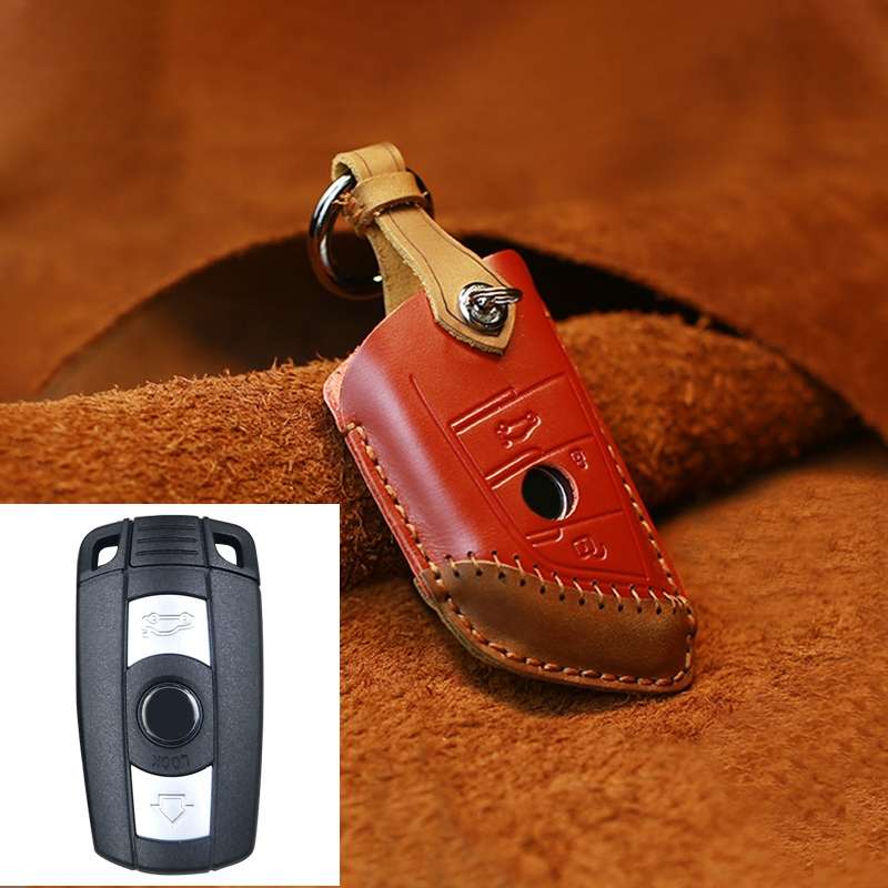 For BMW Blade Style Car Cowhide Leather Key Protective Cover Key Case, Two Keys Version (Blue)