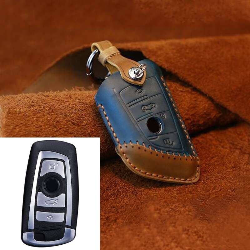For BMW Blade Style Car Cowhide Leather Key Protective Cover Key Case, Three Keys Version (Blue)