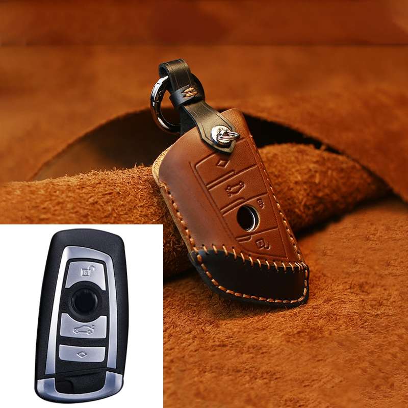 For BMW Blade Style Car Cowhide Leather Key Protective Cover Key Case, Three Keys Version (Blue)