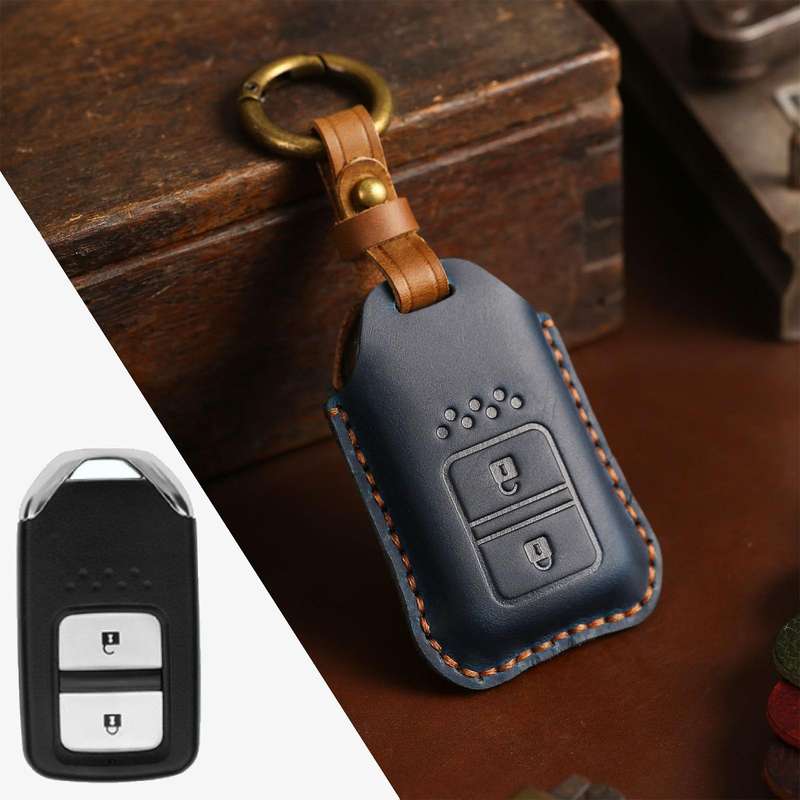For Honda Car Cowhide Leather Key Protective Cover Key Case, Two Keys Version (Blue)
