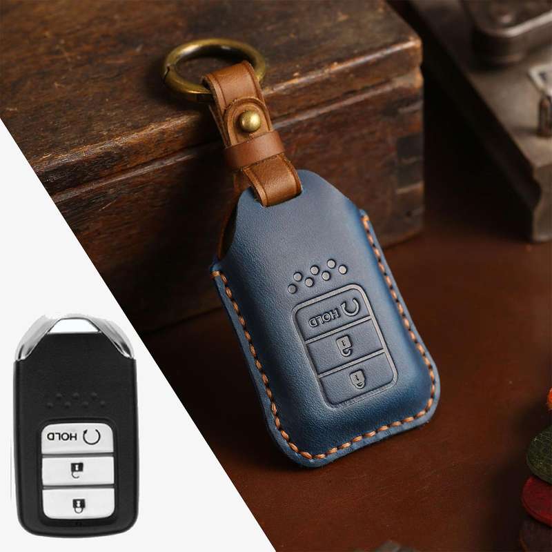 For Honda Car Cowhide Leather Key Protective Cover Key Case, Three Keys Start Version (Blue)
