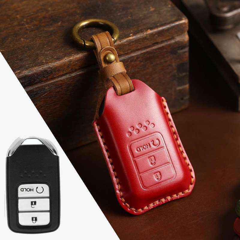For Honda Car Cowhide Leather Key Protective Cover Key Case, Three Keys Start Version (Blue)