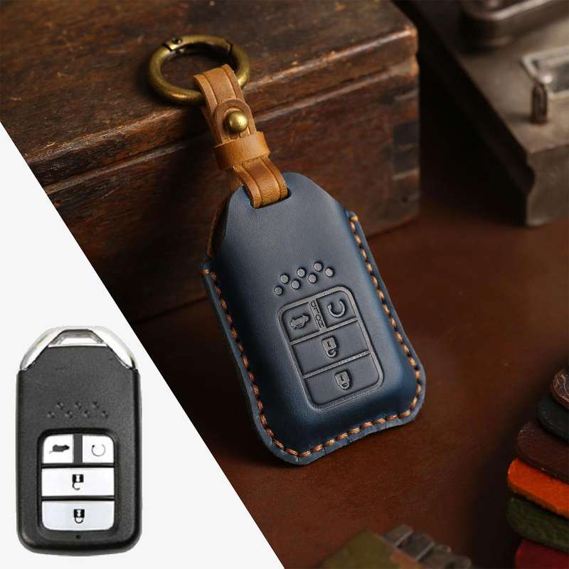 For Honda Car Cowhide Leather Key Protective Cover Key Case, Four Keys Version (Blue)