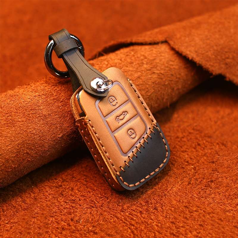 For Volkswagen Car Cowhide Leather Key Protective Cover Key Case, A Version(Blue)