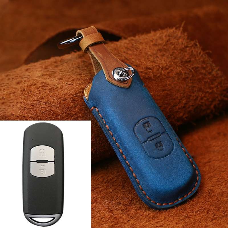 For Mazda Old Style Hallmo Car Cowhide Leather Key Protective Cover Key Case, Two Keys Version(Blue)