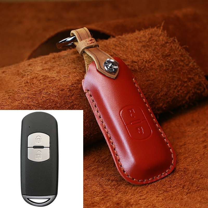 For Mazda Old Style Hallmo Car Cowhide Leather Key Protective Cover Key Case, Two Keys Version(Blue)