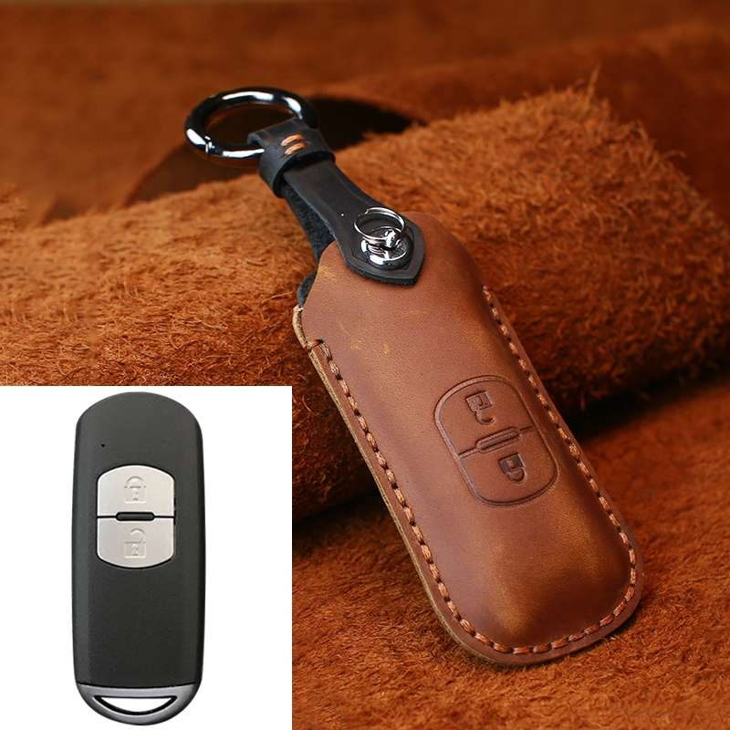 For Mazda Old Style Hallmo Car Cowhide Leather Key Protective Cover Key Case, Two Keys Version(Blue)