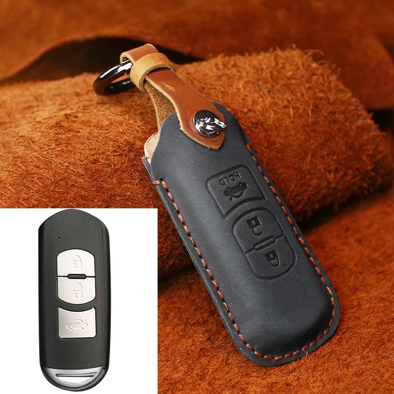 For Mazda Old Style Hallmo Car Cowhide Leather Key Protective Cover Key Case, Three Keys Version(Blu