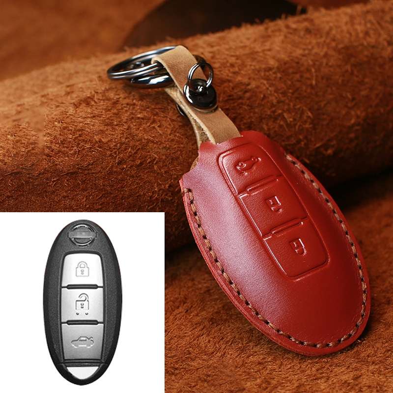 For Nissan Car Cowhide Leather Key Protective Cover Key Case, Three Keys Tailgate Version (Blue)