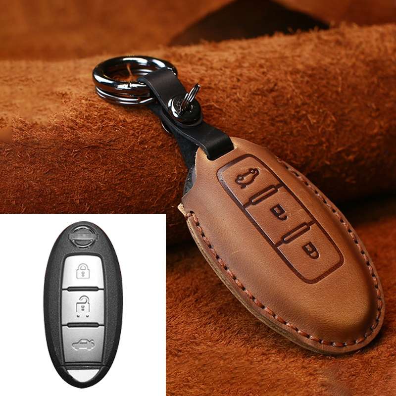 For Nissan Car Cowhide Leather Key Protective Cover Key Case, Three Keys Tailgate Version (Blue)