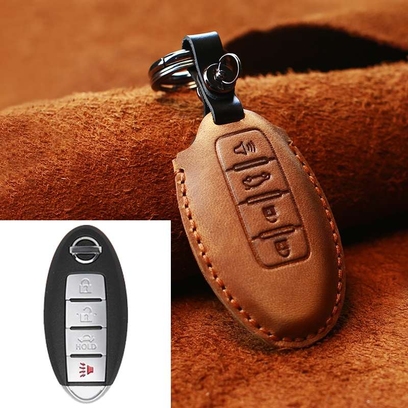 For Nissan Car Cowhide Leather Key Protective Cover Key Case, Four Keys Version (Brown)