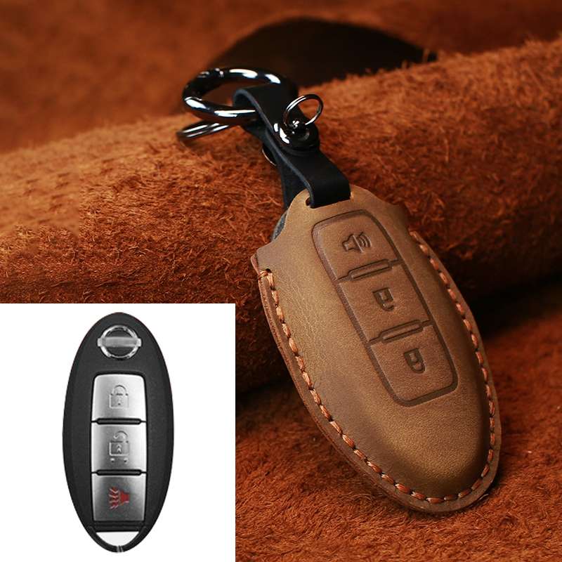 For Nissan Car Cowhide Leather Key Protective Cover Key Case, Three Keys Horn Version (Blue)