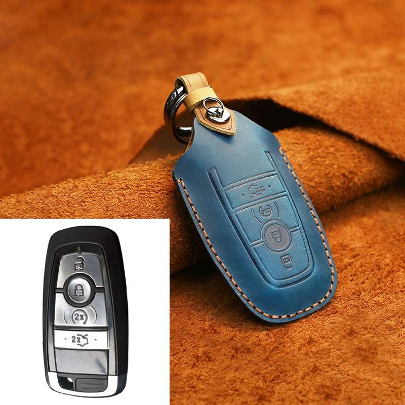 For Ford Car Cowhide Leather Key Protective Cover Key Case, Four Keys Version (Blue)