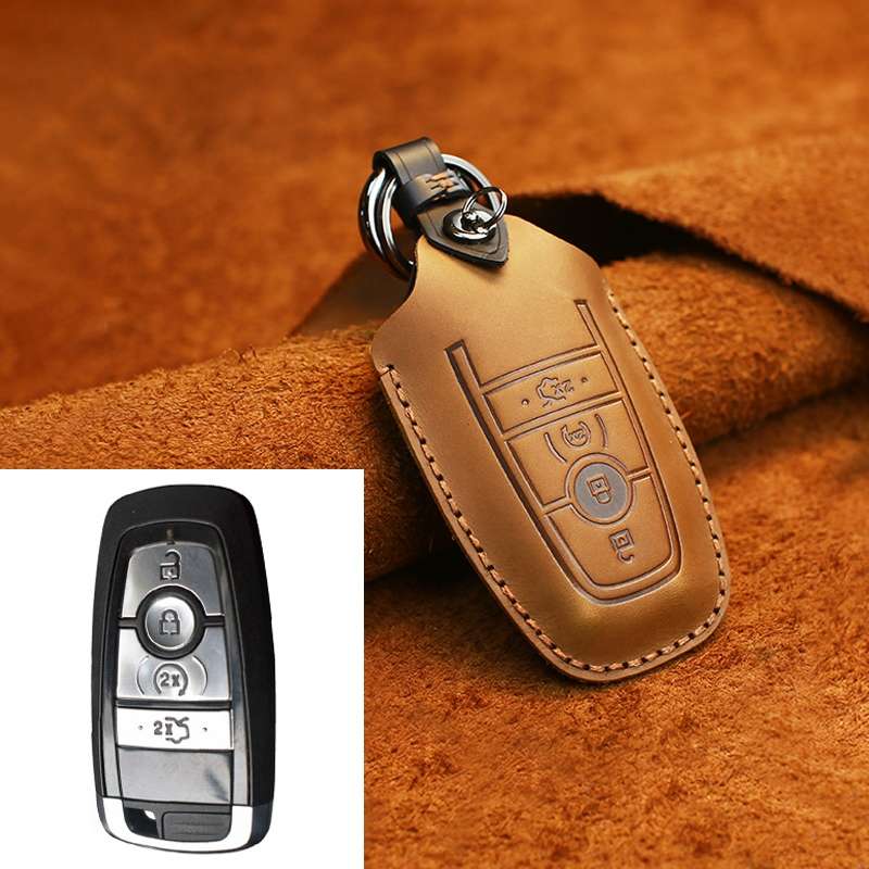 For Ford Car Cowhide Leather Key Protective Cover Key Case, Four Keys Version (Blue)