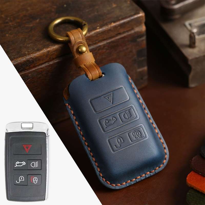 For Land Rover Car Cowhide Leather Key Protective Cover Key Case (Blue)