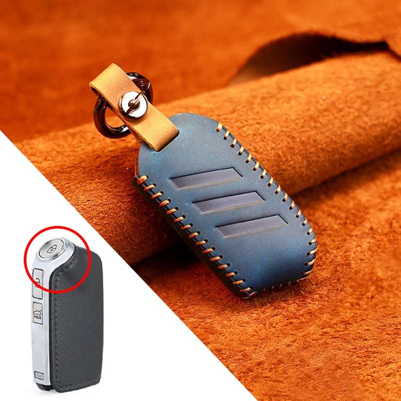 For Kia Car Cowhide Leather Key Protective Cover Key Case, Round Version (Blue)