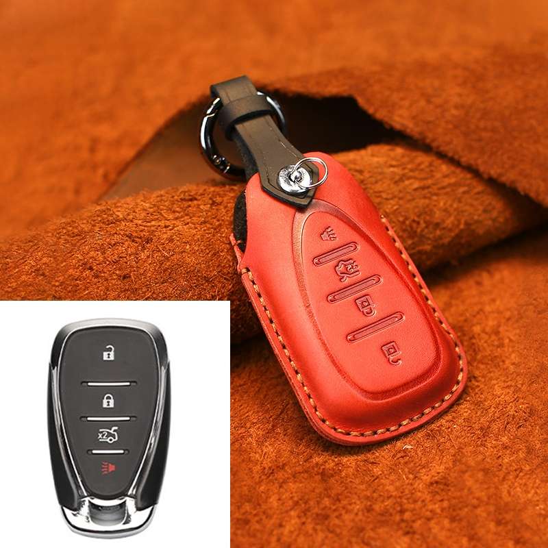 For Chevrolet Car Cowhide Leather Key Protective Cover Key Case, Four Keys Version (Blue)