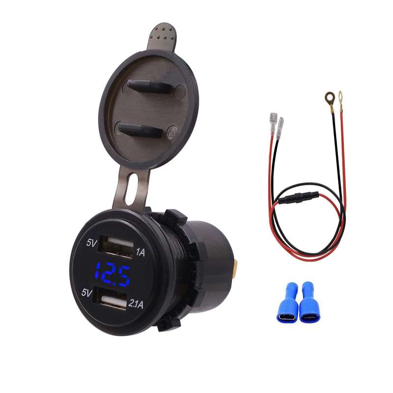 Universal Car Dual Port USB Charger Power Outlet Adapter 3.1A 5V IP66 with LED Digital Voltmeter + 6